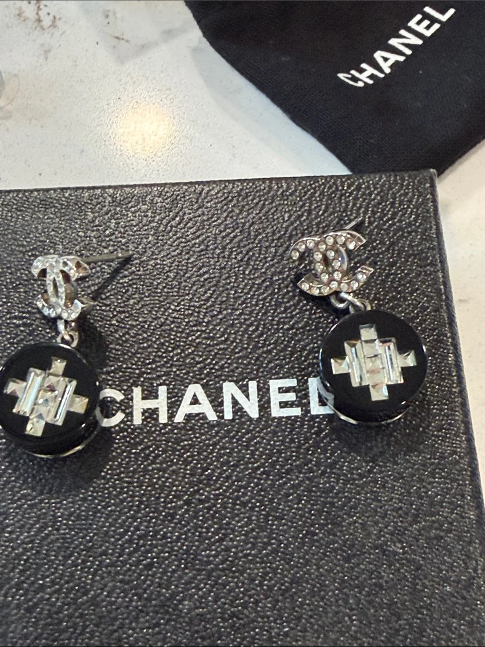 CHANEL Black and Silver Crystal CC Drop Earrings